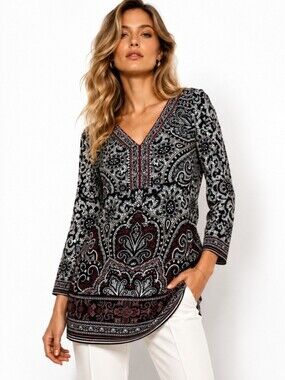 White House Black Market Paisley V-Neck Tunic Top XS NWT Boho Blouse
